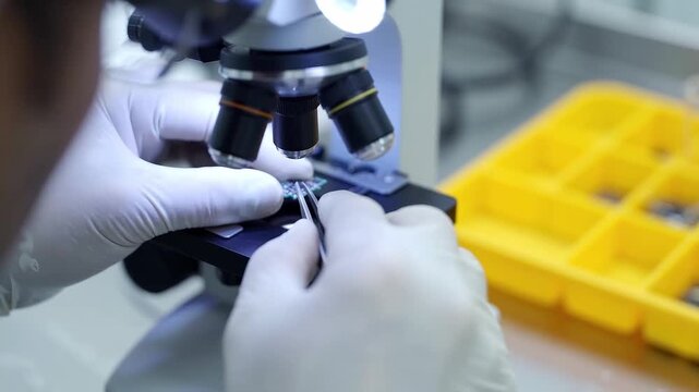 Gloved technician examines small electronic component under microscope. Precision inspection and quality control. Electronics repair, laboratory research and engineering. Close-up.