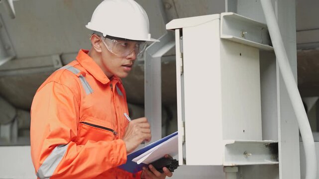 Industrial engineer wearing orange safety uniform inspects electrical control cabinet while checking clipboard at industrial facility. Equipment maintenance, technical inspection.