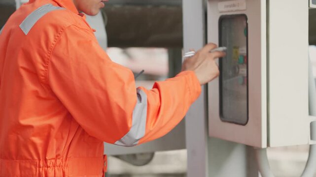Close up of industrial worker holding pen and clipboard while inspecting electrical control cabinet at factory. Equipment maintenance, technical assessment, safety check.