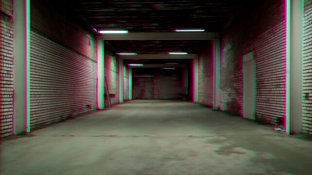Empty industrial corridor remains still beneath glowing ceiling tubes, with exposed brick walls, concrete floor, repeating support beams, and magenta and green color fringes