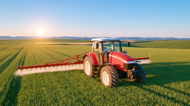 Red tractor with extended booms spraying fine mist across wide green field at sunset, agricultural machinery in action