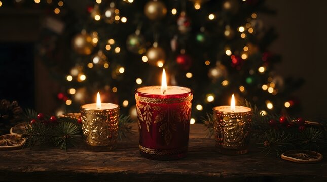 Three Christmas candles glowing in the dark