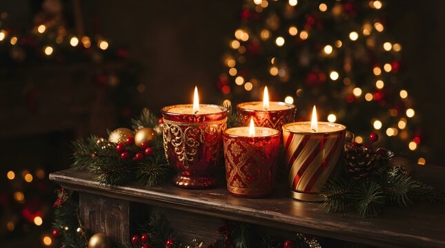 Lit red and gold Christmas candles with tree bokeh