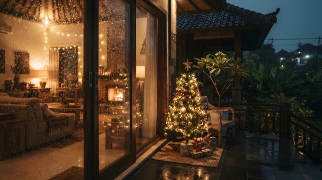 Tropical home interior with Christmas tree at night
