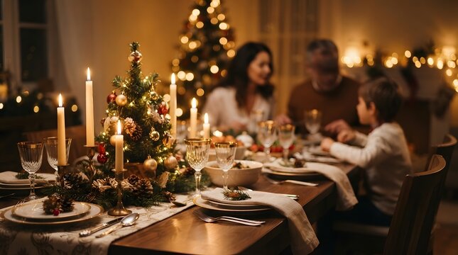 Family celebrating at a festive Christmas dinner table