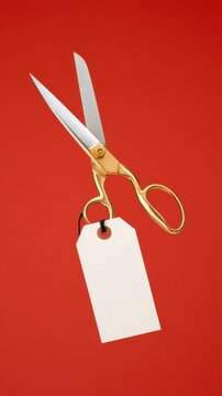 Polished gold scissors with sharp silver blades and blank white price tag hanging from handle on red background