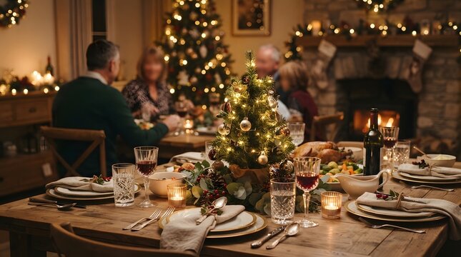 Christmas dinner table beside a glowing fireplace