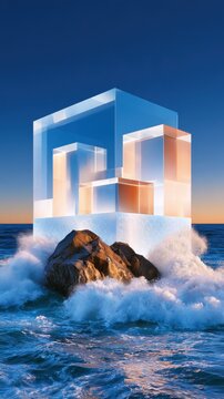 Ocean surface with small glowing glass fortress and dark brown rock amidst white crashing waves, cyber defense concept