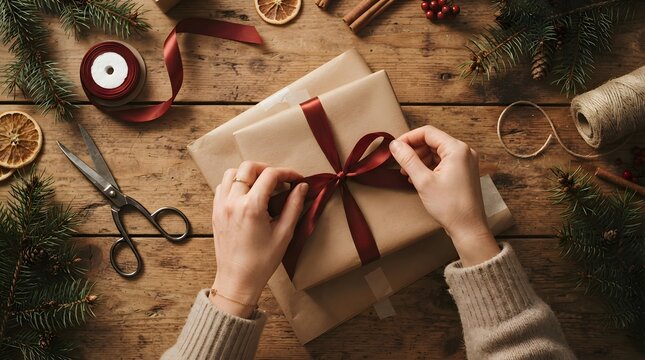Wrapping a Christmas gift box on a rustic wooden table