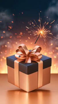 Brown surface holding matte black gift box decorated with large ribbon bow and burning sparkler emitting bright golden sparks