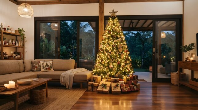 Modern living room with decorated Christmas tree and gifts