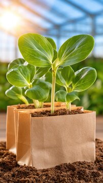 Brown paper shopping bag containing green sprouts growing from dark soil inside greenhouse