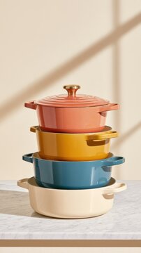 Marble countertop with stacked colorful enameled cast iron pots in coral, mustard, teal and cream, casserole cookware in warm kitchen light