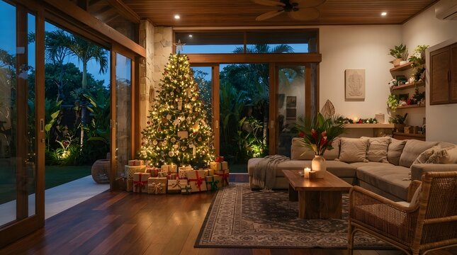 Cozy tropical living room with Christmas tree and gifts