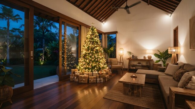 Tropical living room with glowing Christmas tree at dusk