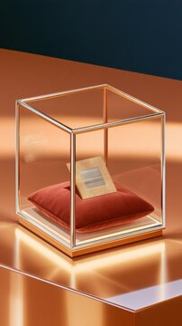 Copper surface with single microchip resting on red velvet cushion inside glass luxury display case, electronic hardware exhibit