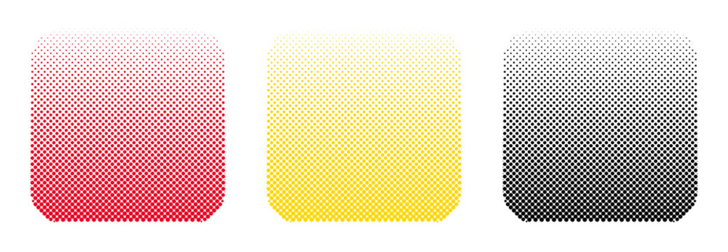 Halftone Rounded Square Pattern Set in Red, Yellow, and Black Isolated on Transparent Background