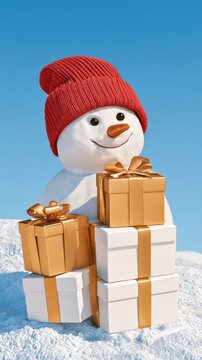 Outdoor snow covered ground with smiling snowman wearing red knitted winter hat holding wrapped gift boxes