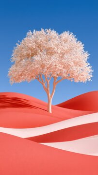 Minimalist landscape with pink tree on red rolling hills under bright blue sky