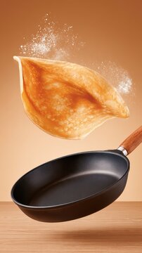 Black nonstick frying pan with wooden handle mid air as thin golden crepe flips above it, dusted with powdered sugar, breakfast food preparation