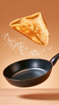 Black nonstick frying pan with golden crepe flipping in mid air above wooden table surface breakfast food concept