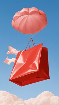 Blue sky with clouds and glossy red shopping bag descending on pink parachute, surreal concept of fast delivery and online shopping