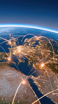 Global network visualization showing illuminated earth with glowing connection lines spanning continents and cities, representing digital connectivity and data flow