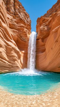 Vertical waterfall pouring into turquoise pool between layered orange sandstone canyon walls under clear blue sky, desert canyon oasis landscape