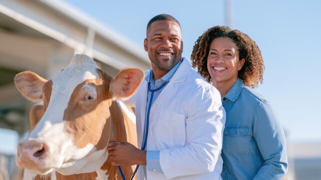 Blue stethoscope, veterinarian and woman with brown cow, animal health check
