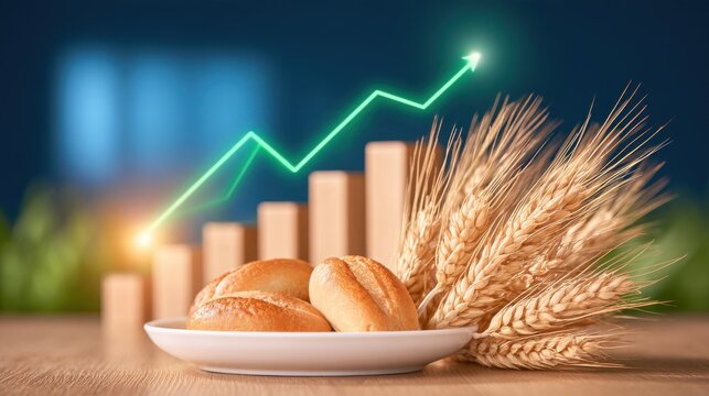 Golden wheat ears beside fresh bread rolls on white plate with glowing green rising price chart in background, agricultural commodity market concept
