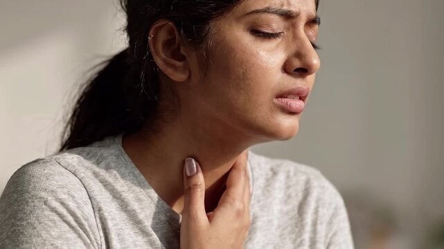 Woman touching sore throat and struggling to swallow. Throat pain and illness symptoms. Healthcare and medical diagnosis concept. Close-up portrait.