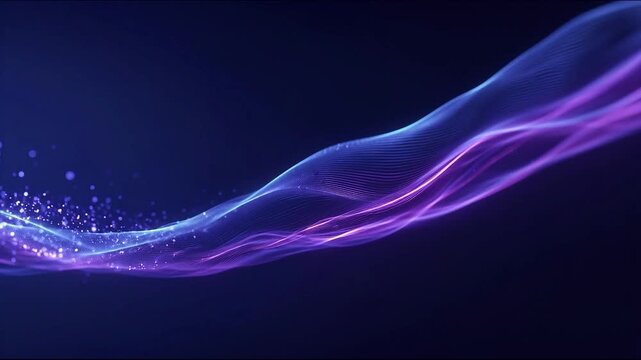 Abstract futuristic background with flowing neon violet and blue waves and glowing particles on dark navy, technology and AI concept with copy space