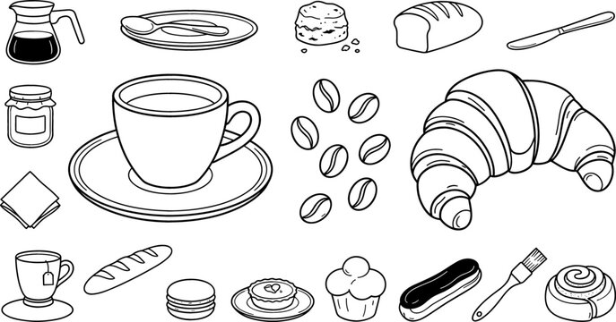 Coffee and bakery menu line icons set featuring a coffee cup on saucer, large croissant, roasted beans, bread loaf, jar of jam, and assorted pastries in outline vector style.