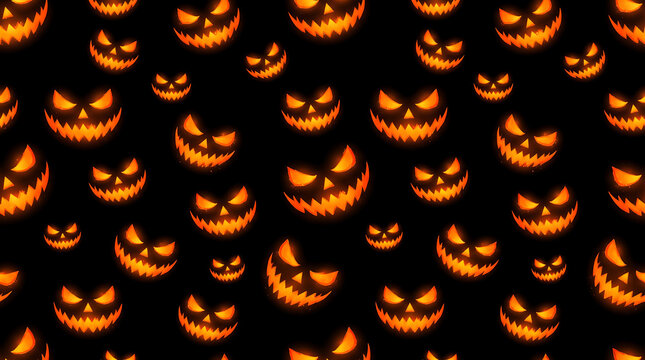 Seamless pattern of glowing scary jackolantern pumpkin faces on a black background for halloween