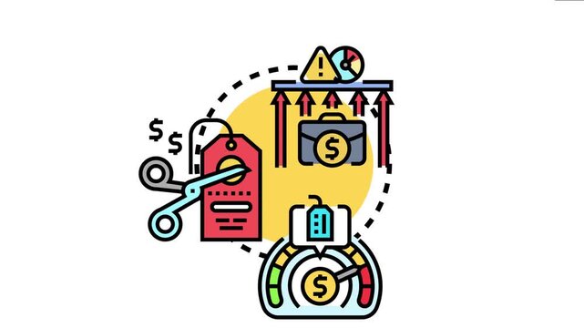 Pricing control concept managing business cost strategy, showing a scale with a dollar sign, scissors cutting a price tag, and arrows indicating rising expenses towards a briefcase