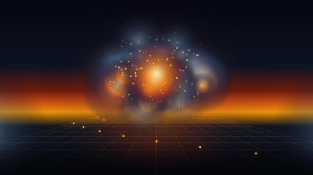 Glowing synthwave particle explosion background over futuristic dark grid floor motion graphic