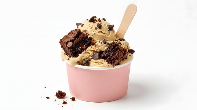 Gelato scoops with brownie pieces and chocolate chips in a pink paper cup with a wooden spoon.