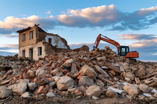 Excavator working on demolished building debris site