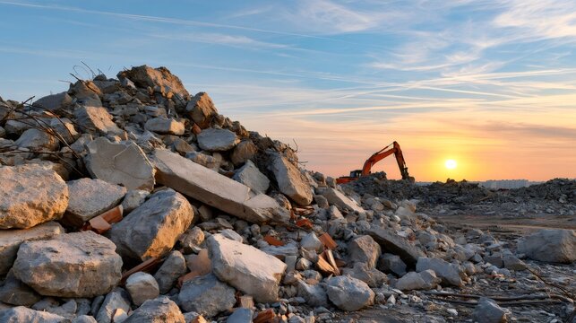 Demolition site with excavator at sunset
