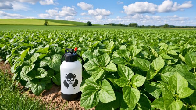 Pesticide spray bottle warning on agricultural crop field