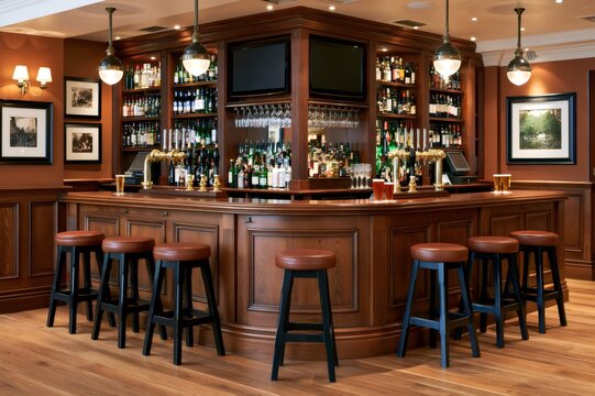 Empty pub bar interior offering hospitality and drinks