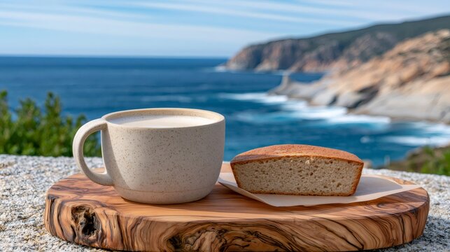 Coffee mug and banana bread with ocean view