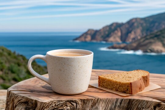 Coffee mug and cake slice on wooden table enjoying sea view