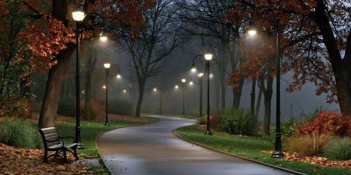 Empty park path with autumn trees and streetlights