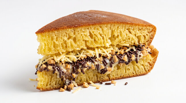 Slice of thick Indonesian sweet martabak pancake filled with chocolate, grated cheese, and peanuts on white background