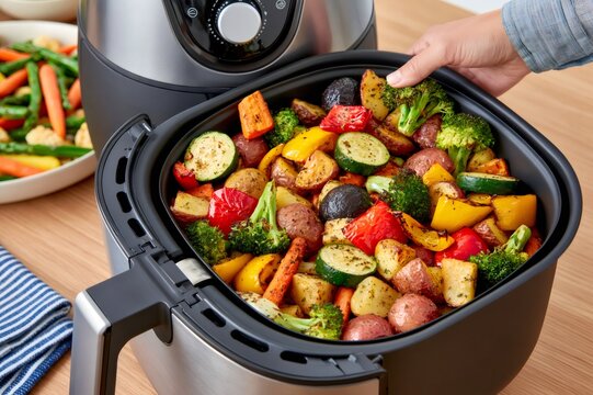 Air fryer basket filled with colorful roasted vegetables