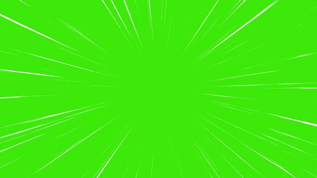 Dynamic manga fast speed lines on green screen background. Velocity line overlay radiating outward from center. Dramatic Radial Zoom Streaks moving like Flash Action. Thousands lines racing along.