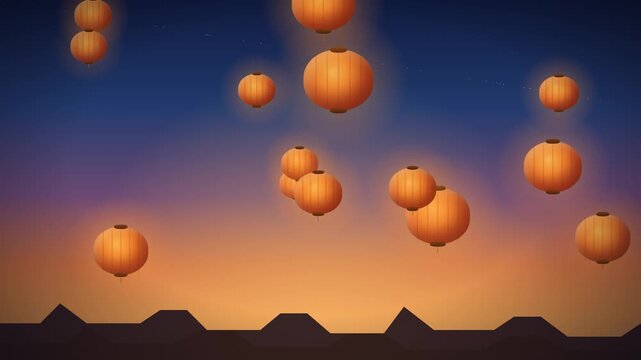 Red gold paper lanterns floating in dusky evening sky