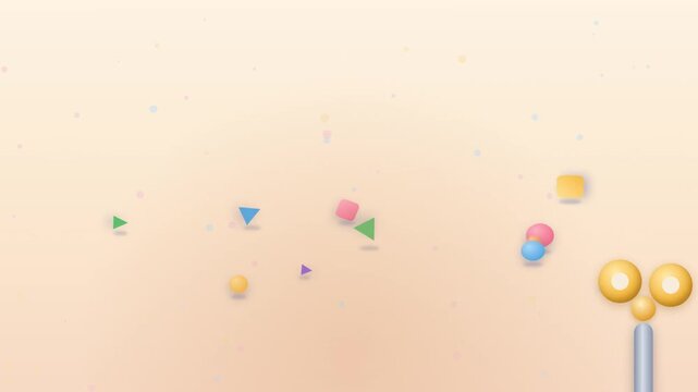 Wind-up toy keys spinning with bouncing pastel geometric shapes