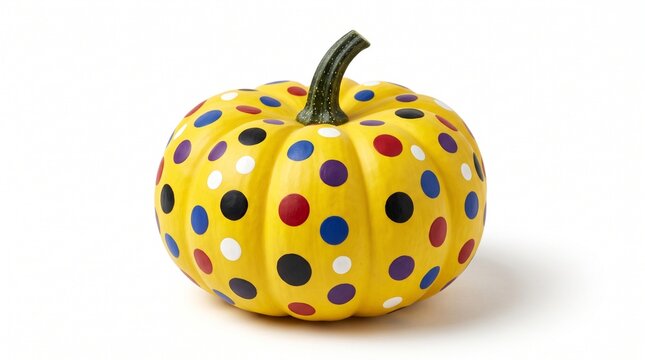 Bright yellow pumpkin decorated with colorful polka dots for the autumn season